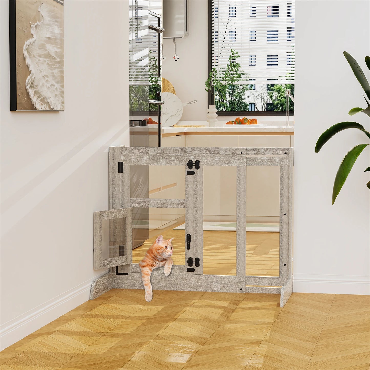 Tempered Glass Dog Gate Adjustable Length From 77 to 100cm Pet Door Gate Barrier Fence Panels with Lock for Doorways Stairs