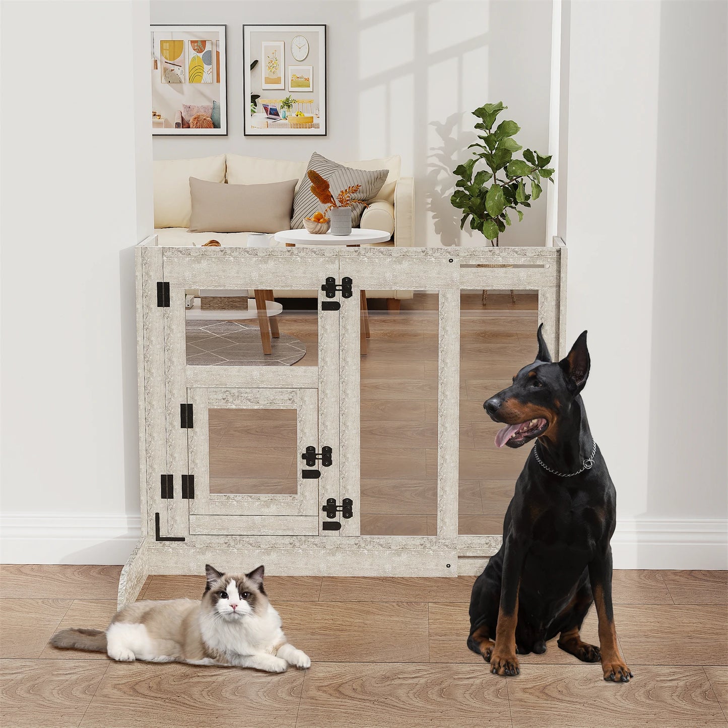 Tempered Glass Dog Gate Adjustable Length From 77 to 100cm Pet Door Gate Barrier Fence Panels with Lock for Doorways Stairs