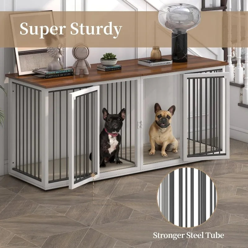 Large Dog Crate Furniture for 2 Dogs, 71.6'' Steel Frame Dog Crate with Double Doors Indoor Double Dog Cage (White)