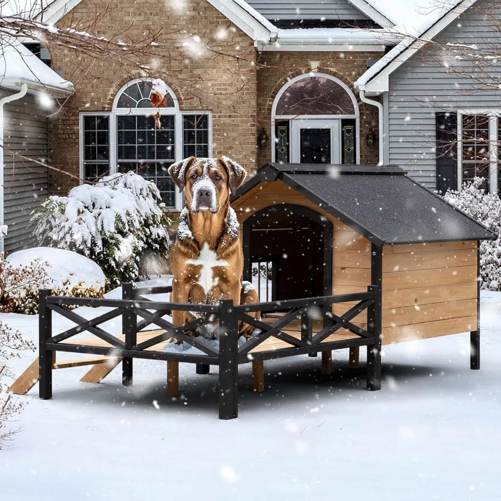 Wooden Large Dog House 43.3" L x 69.9" W x 32.7" H Weatherproof Outdoor Pet Kennel