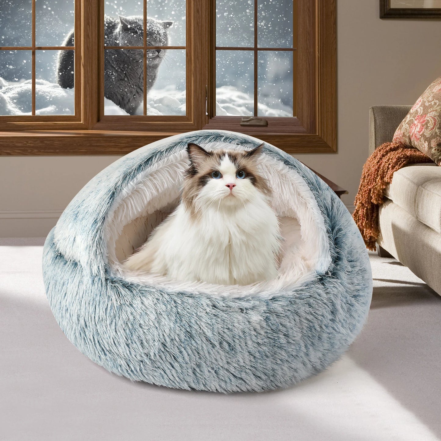 50Cm/ 19.69Inch Cat Bed Dog bed, Plush Hooded Cat Beds for Indoor Cats, Calming Cat Nest, Self Warming Cat Bed Cave, Cozy