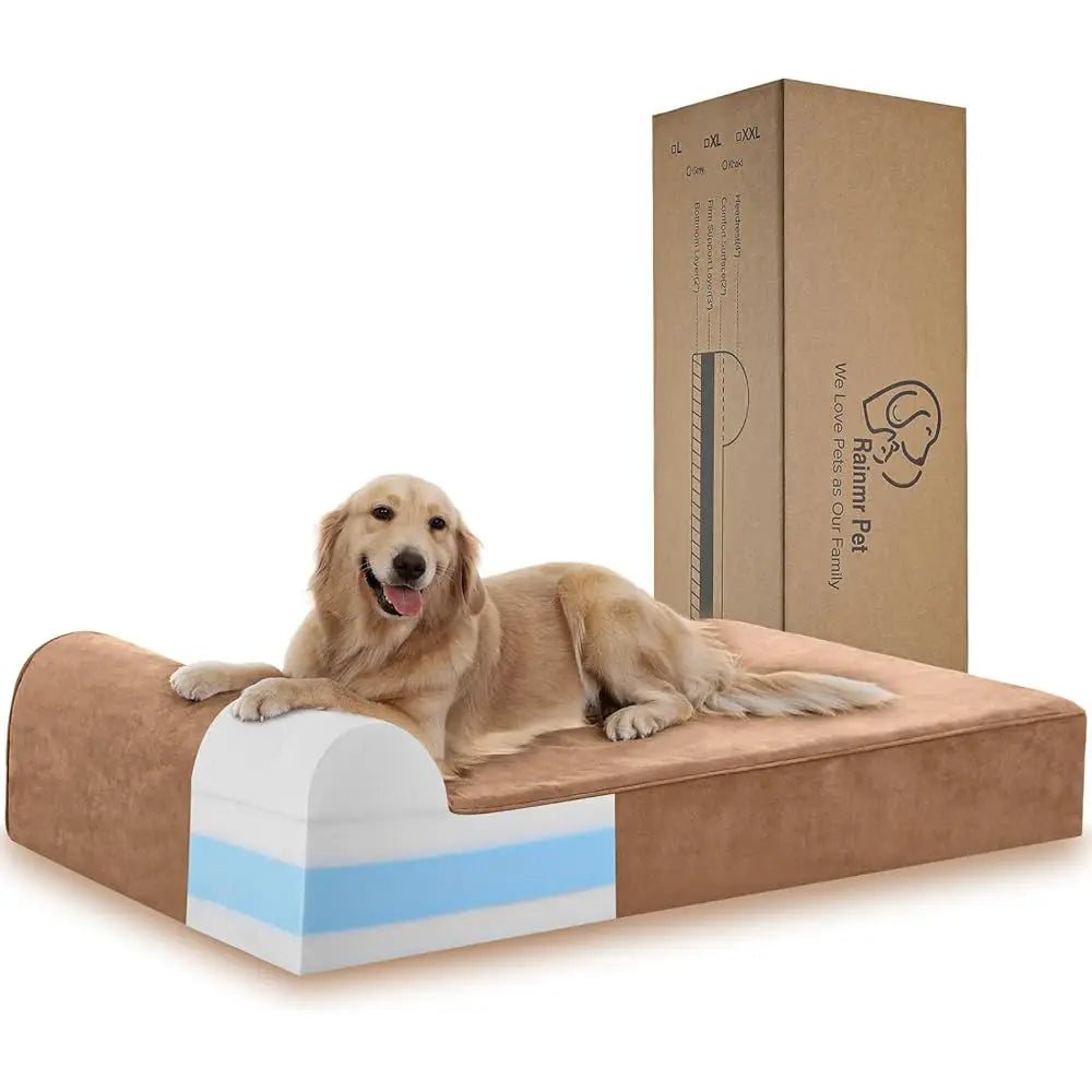 7 H Dog Bed For Large Dogs - Cover/Waterproof Inner Case - With 4 H Headrest Memory Foam Dog Bed (Large,
