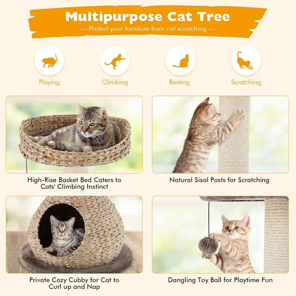 Modern Cat Tree for Indoor Cats, Small/Tall Cat Tree with Natural Sisal Scratching Post, Hand-Made Wicker Cat Condo & Top Perch
