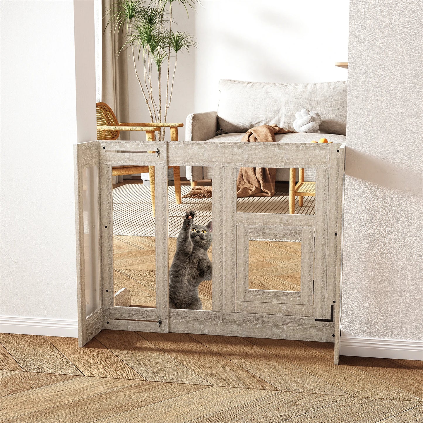 Tempered Glass Dog Gate Adjustable Length From 77 to 100cm Pet Door Gate Barrier Fence Panels with Lock for Doorways Stairs