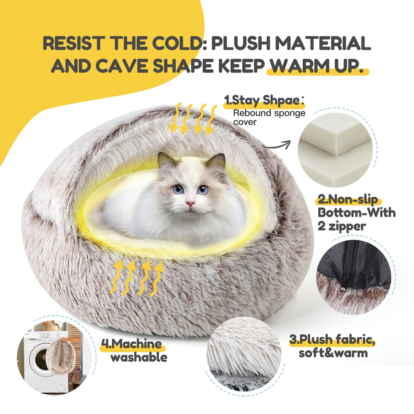 50Cm/ 19.69Inch Cat Bed Dog bed, Plush Hooded Cat Beds for Indoor Cats, Calming Cat Nest, Self Warming Cat Bed Cave, Cozy