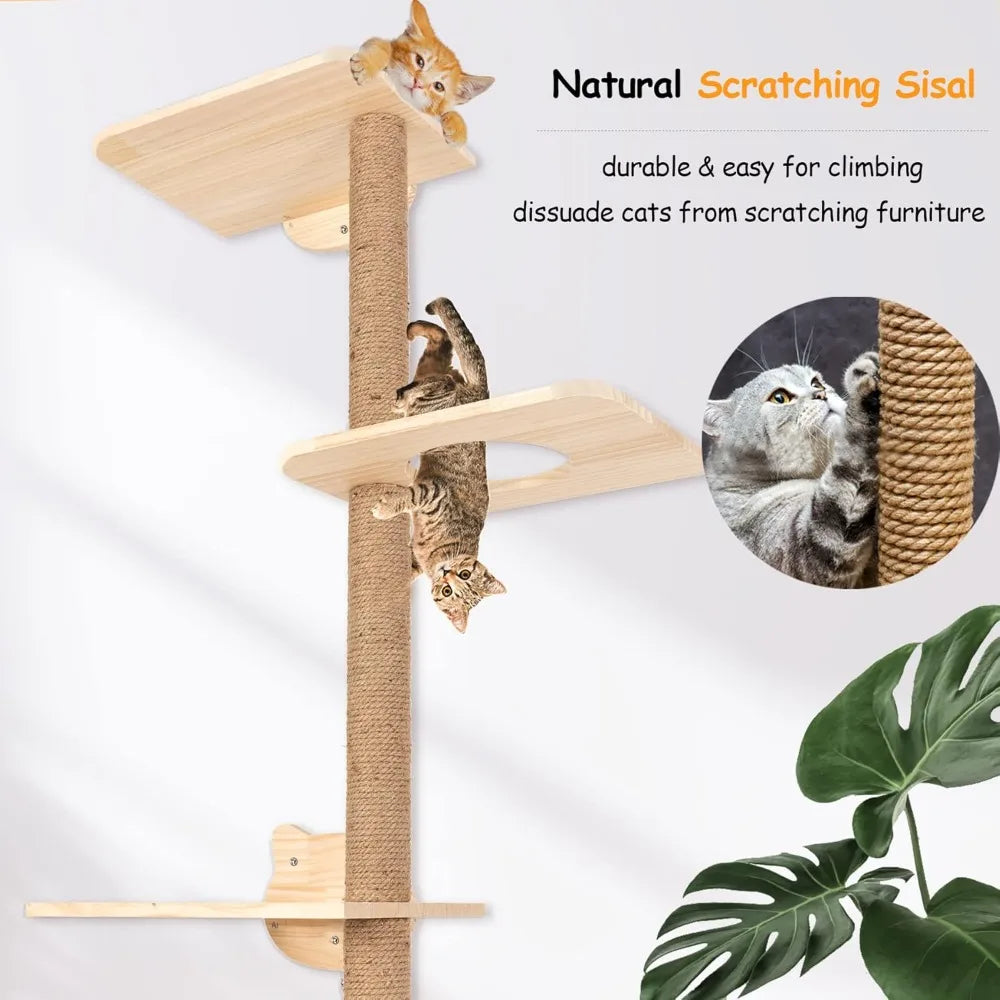 Cat Tree Wall Mounted Tall Scratching Post for Indoor Cats Climbing Tower Activity Wood Cat Wall Furniture 73 inch