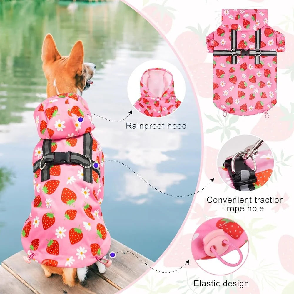 Dog Raincoat Waterproof Hooded with Built-in Harness Lightweight Adjustable Dog Rain Jacket Small Medium Large Dogs