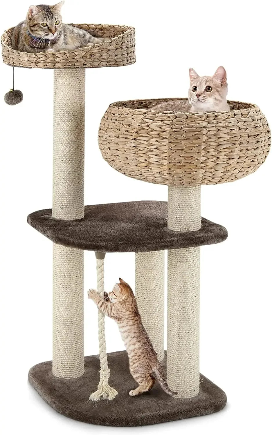 Modern Cat Tree for Indoor Cats, Small/Tall Cat Tree with Natural Sisal Scratching Post, Hand-Made Wicker Cat Condo & Top Perch
