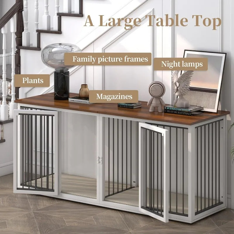 Large Dog Crate Furniture for 2 Dogs, 71.6'' Steel Frame Dog Crate with Double Doors Indoor Double Dog Cage (White)