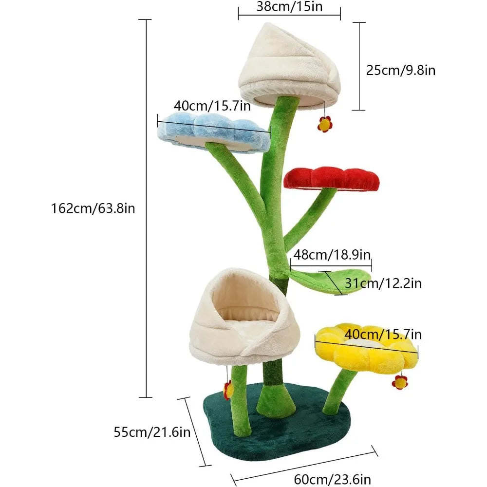 Cat Tree, 6-Tier Cat Tower for Large/Small Cats Climbing, 63.8inch Tall Cat Flower Tree with Resting Platforms & Scratching Post