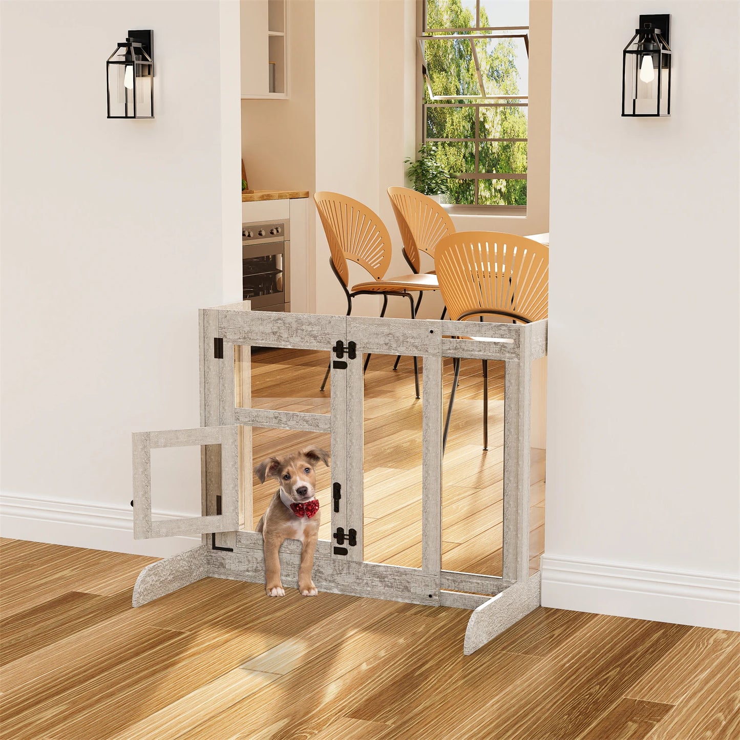 Tempered Glass Dog Gate Adjustable Length From 77 to 100cm Pet Door Gate Barrier Fence Panels with Lock for Doorways Stairs