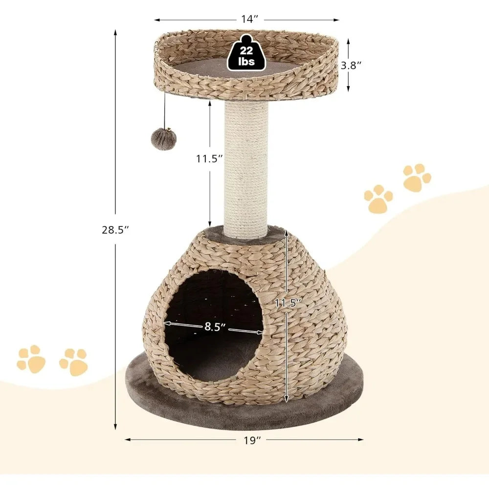 Modern Cat Tree for Indoor Cats, Small/Tall Cat Tree with Natural Sisal Scratching Post, Hand-Made Wicker Cat Condo & Top Perch