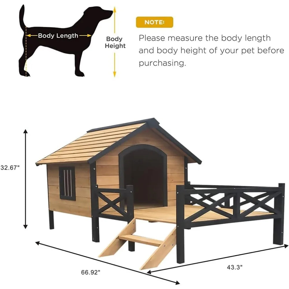 Wooden Large Dog House 43.3" L x 69.9" W x 32.7" H Weatherproof Outdoor Pet Kennel