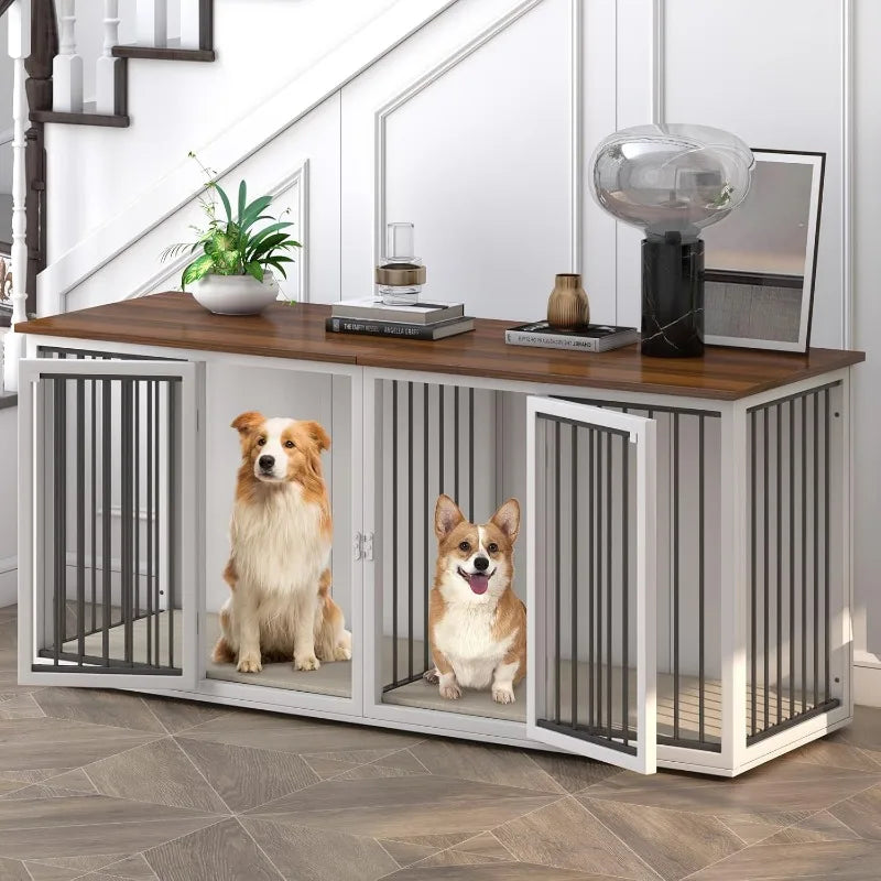 Large Dog Crate Furniture for 2 Dogs, 71.6'' Steel Frame Dog Crate with Double Doors Indoor Double Dog Cage (White)