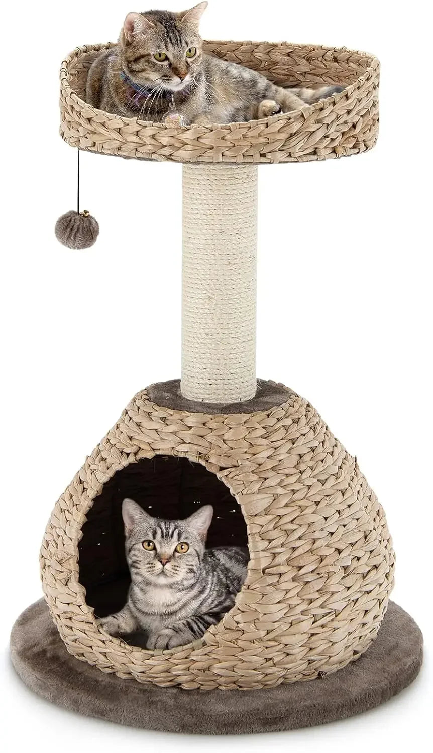 Modern Cat Tree for Indoor Cats, Small/Tall Cat Tree with Natural Sisal Scratching Post, Hand-Made Wicker Cat Condo & Top Perch
