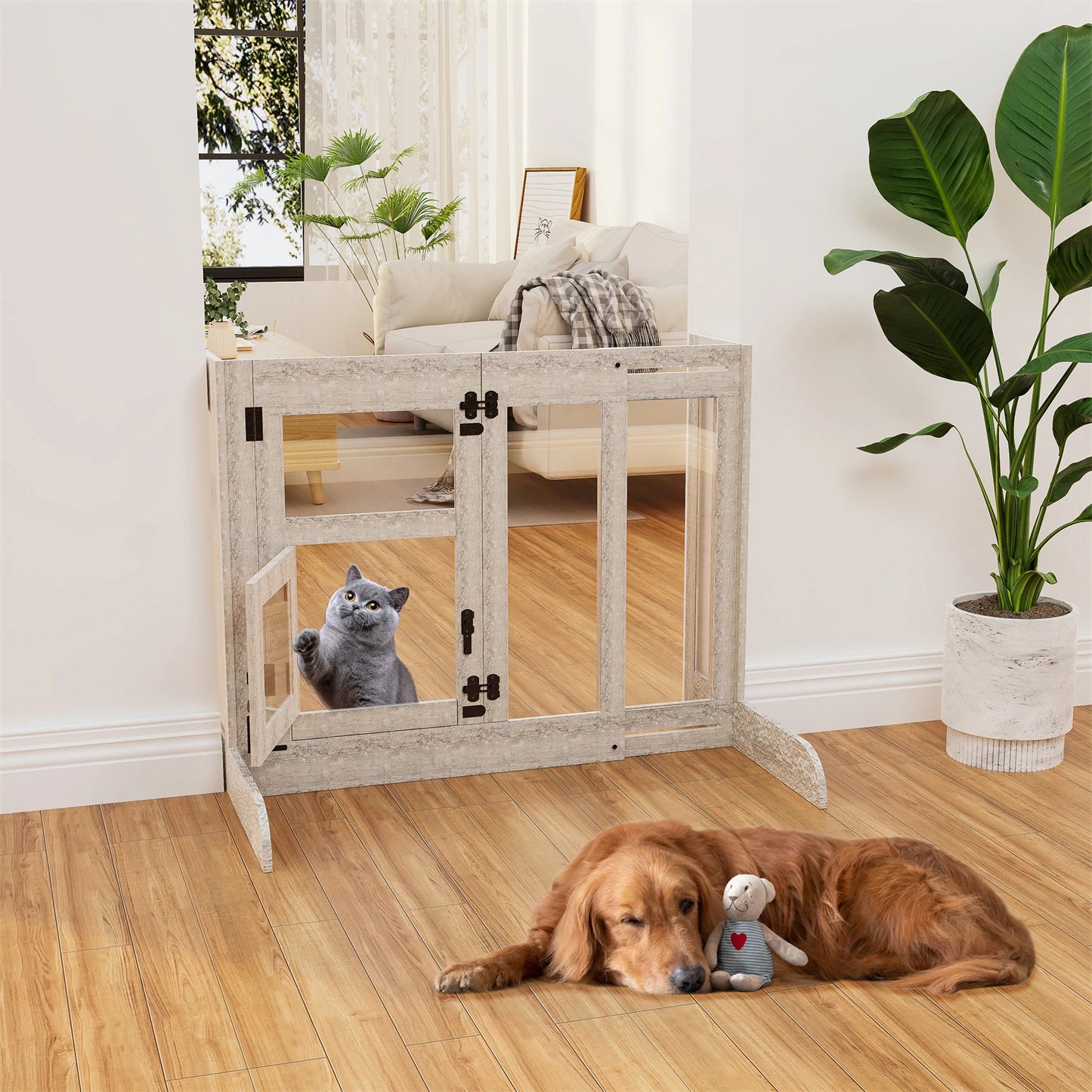 Tempered Glass Dog Gate Adjustable Length From 77 to 100cm Pet Door Gate Barrier Fence Panels with Lock for Doorways Stairs