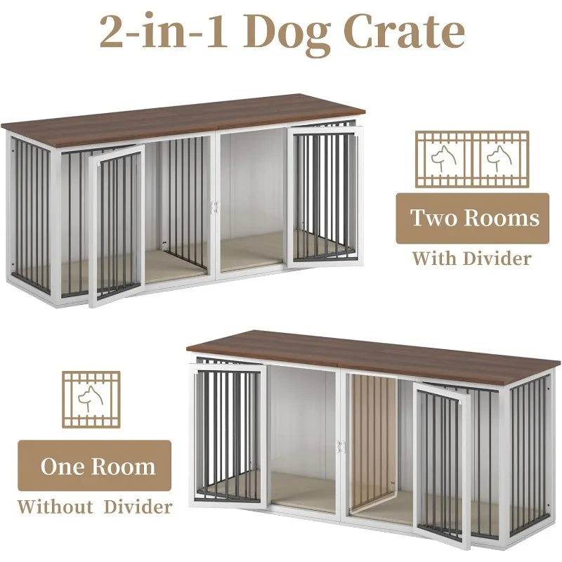 Large Dog Crate Furniture for 2 Dogs, 71.6'' Steel Frame Dog Crate with Double Doors Indoor Double Dog Cage (White)