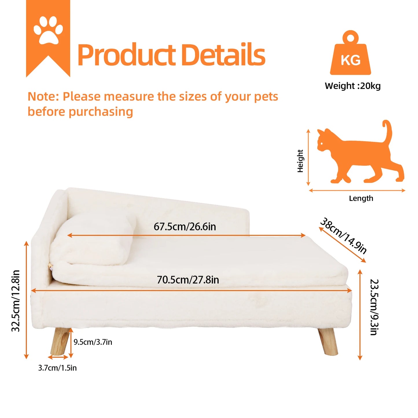 Elevated Pet Bed, with Cozy Pad Waterproof,Pet Sofa Bed with Sturdy Wood Legs for Small Dog Kitten