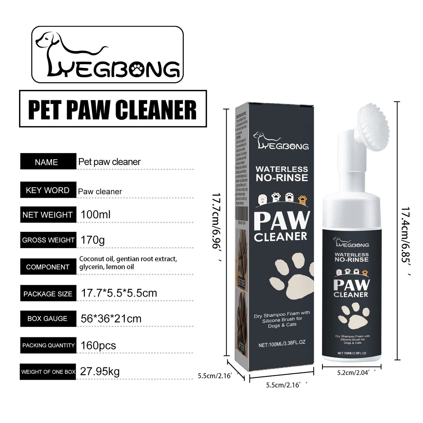 100ml Pet Paw Cleaner Foam Fragrance Waterless Dog Cat Paw Deep Cleansing Remove Dirt Rinse-Free Puppy Dog Claw Cleaner