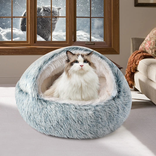 50Cm/ 19.69Inch Cat Bed Dog bed, Plush Hooded Cat Beds for Indoor Cats, Calming Cat Nest, Self Warming Cat Bed Cave, Cozy
