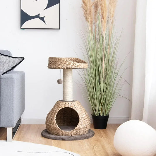 Modern Cat Tree for Indoor Cats, Small/Tall Cat Tree with Natural Sisal Scratching Post, Hand-Made Wicker Cat Condo & Top Perch