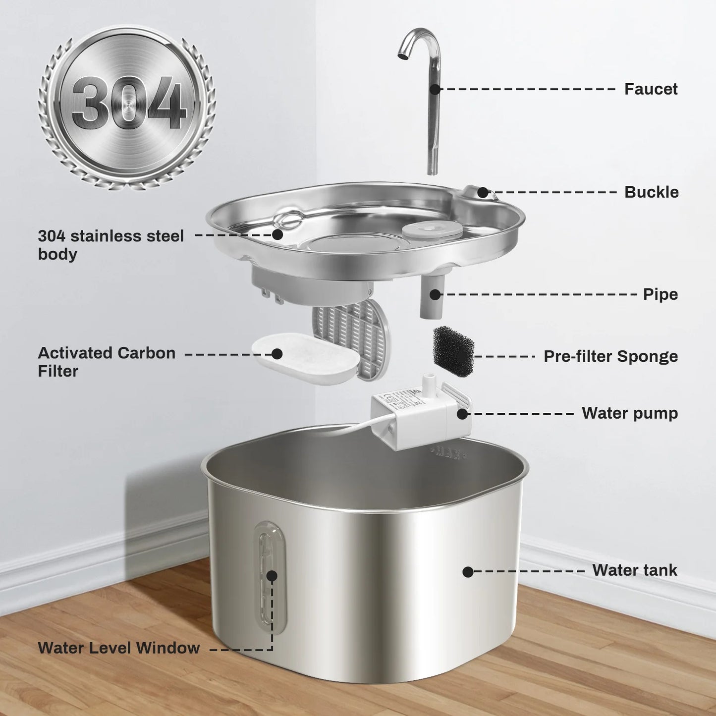 2.2L Stainless Steel Cat Water Fountain - Ultra Quiet Pet Fountain with Multi-Layer Filtration, LED Water Level Window – Large C