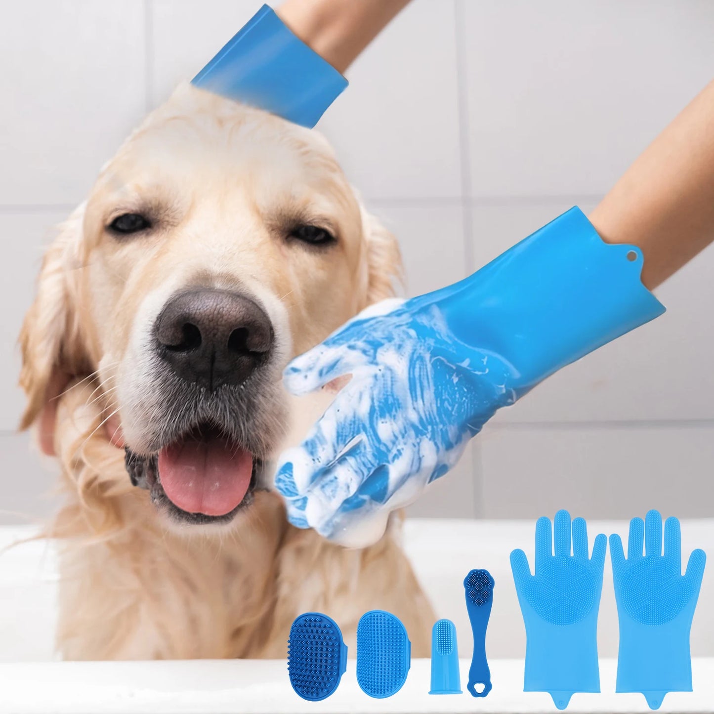 6PCS Pet Grooming Kit Silicone Dog Toothbrush Finger Dog Bath Gloves Dog Shampoo Brush for Dog Cat Bathing Massaging & Grooming