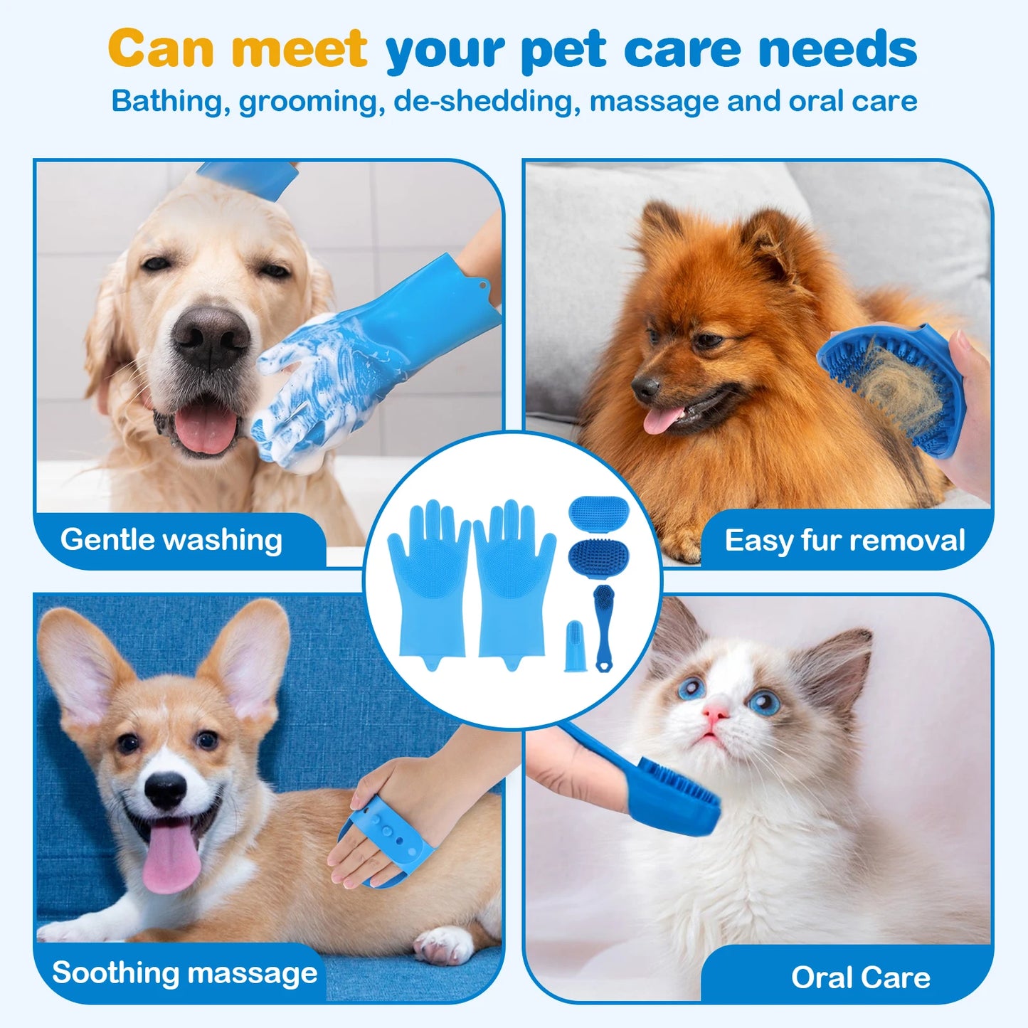 6PCS Pet Grooming Kit Silicone Dog Toothbrush Finger Dog Bath Gloves Dog Shampoo Brush for Dog Cat Bathing Massaging & Grooming