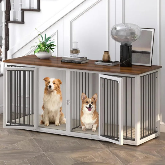 Large Dog Crate Furniture for 2 Dogs, 71.6'' Steel Frame Dog Crate with Double Doors Indoor Double Dog Cage (White)