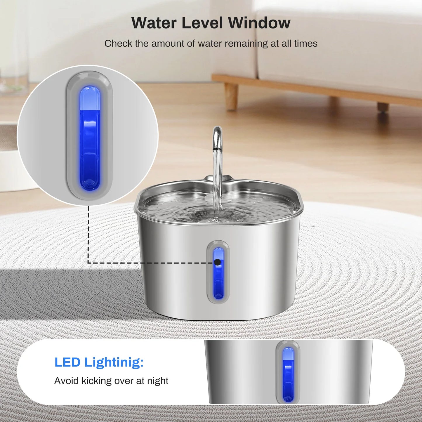 2.2L Stainless Steel Cat Water Fountain - Ultra Quiet Pet Fountain with Multi-Layer Filtration, LED Water Level Window – Large C