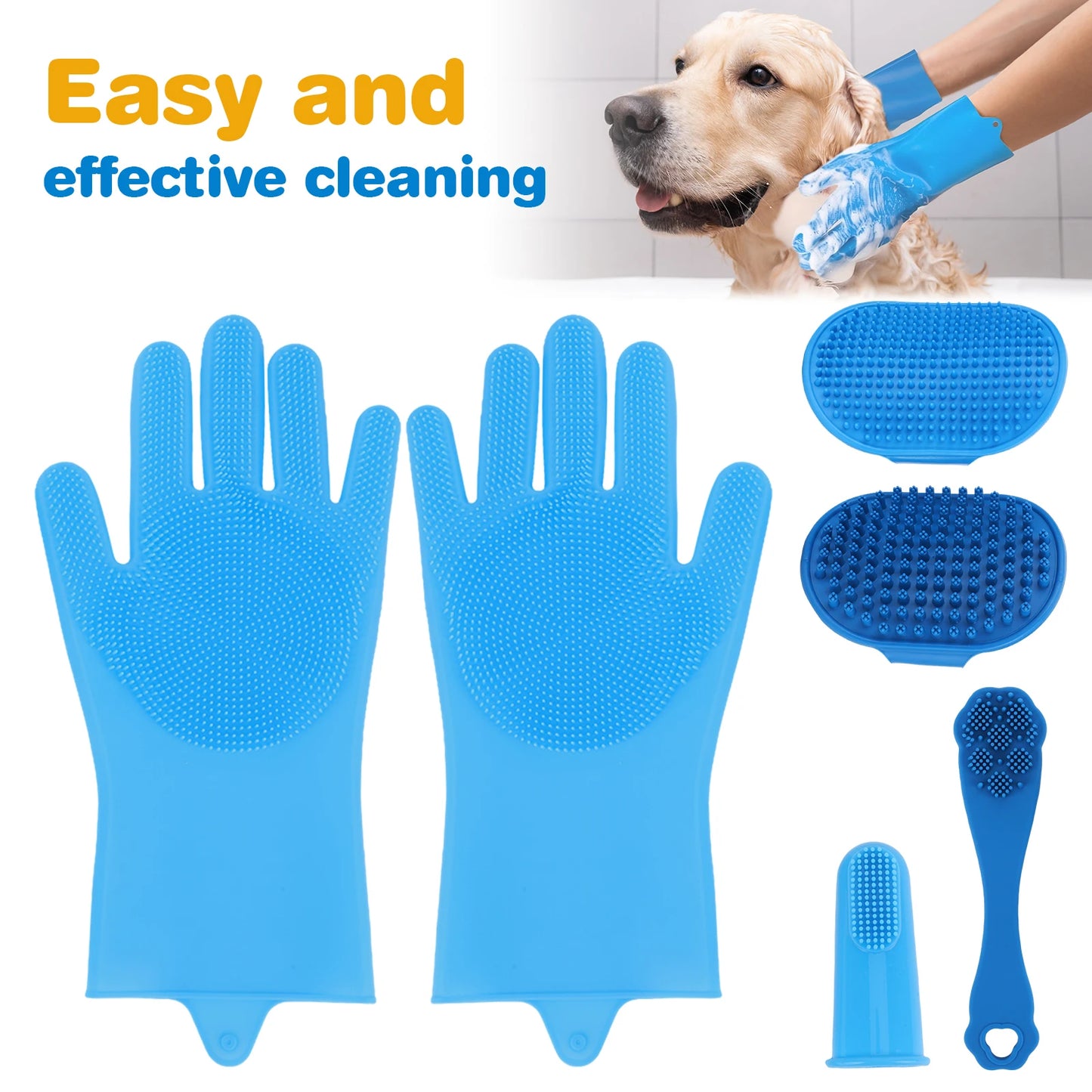 6PCS Pet Grooming Kit Silicone Dog Toothbrush Finger Dog Bath Gloves Dog Shampoo Brush for Dog Cat Bathing Massaging & Grooming